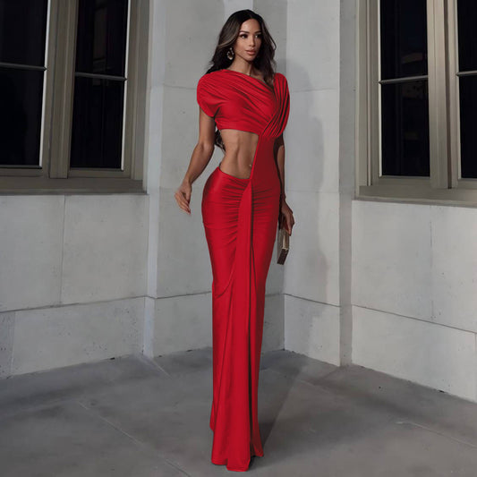 Winter Sexy Slim Fit Cropped Split Dress Solid Color Skinny Sheath Dress