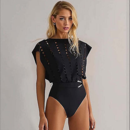 Hollow Out Cutout Batwing Sleeve Sexy Slimming One Piece Swimsuit Women - Iyanka