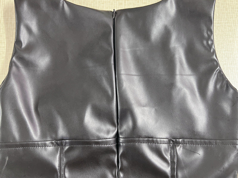 Women Clothing Spring Summer Faux Leather Sleeveless Sheath Slim Fit Slimming Elegant Dress - Iyanka