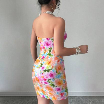 Summer Sexy Printed Hip Bag Dress Floral Slim Fitting Tube Top Short Dress