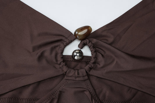 Summer Sexy Hollow Out Cutout Corset Stitching round Decoration Slim Fit Long Halter Dress