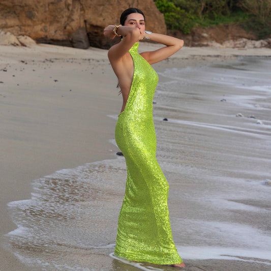Summer Elegant Slim Women Dress Sexy Backless Sleeveless Sequined Sheath Dress