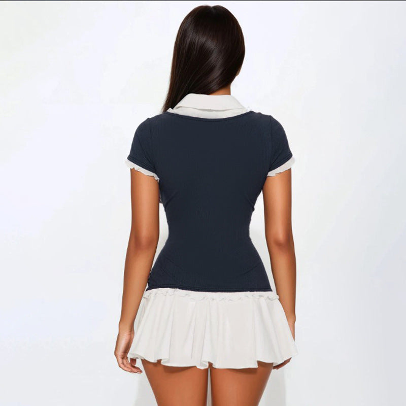 Women Clothing Preppy Collared Shirt Contrast Color Pullover Dress Short Dress Waist Tight A line Pleated Dress