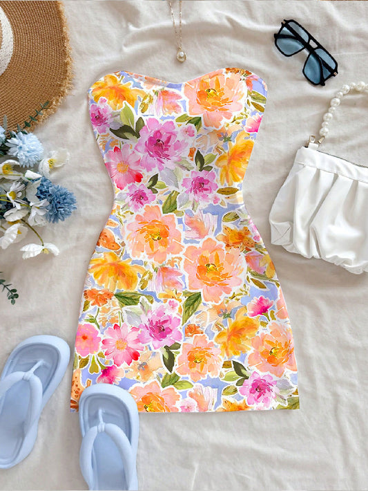 Summer Sexy Printed Hip Bag Dress Floral Slim Fitting Tube Top Short Dress