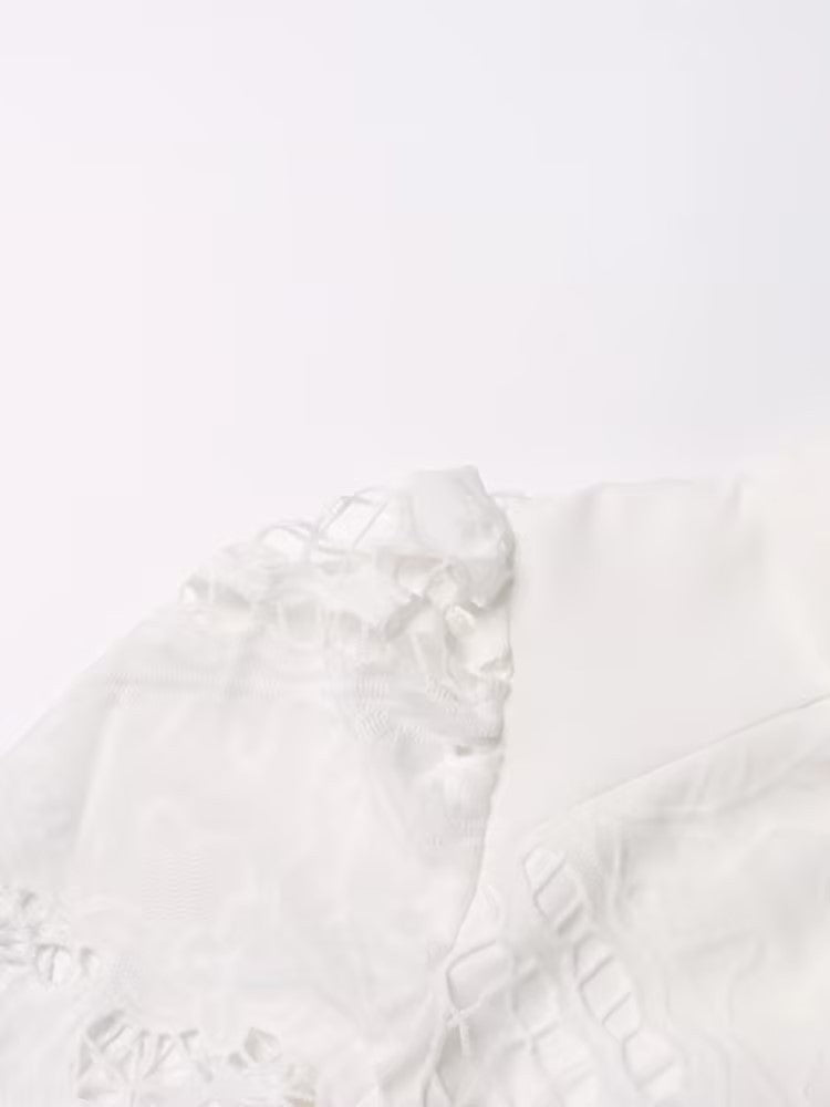 Retro Autumn Polo Collar Long Lantern Sleeve Mid Length with Embroidery Hollow Out Cutout out Solid Color Dress for Women