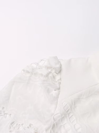 Retro Autumn Polo Collar Long Lantern Sleeve Mid Length with Embroidery Hollow Out Cutout out Solid Color Dress for Women