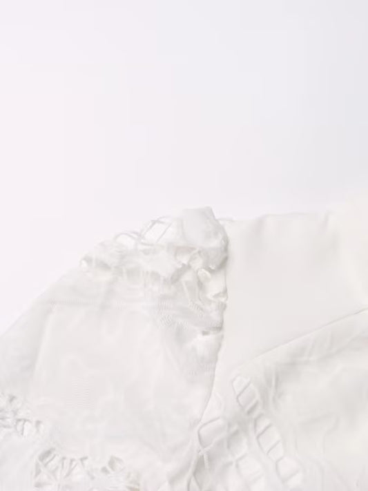 Retro Autumn Polo Collar Long Lantern Sleeve Mid Length with Embroidery Hollow Out Cutout out Solid Color Dress for Women