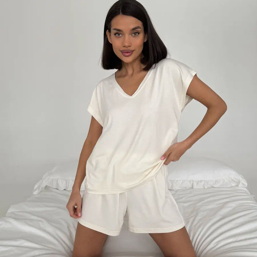 Ladies Pajamas Summer Thin Loose Comfortable Knitted Solid Color Short Sleeve Shorts Two Piece Home Wear - Iyanka