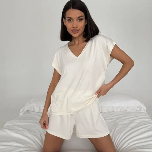 Ladies Pajamas Summer Thin Loose Comfortable Knitted Solid Color Short Sleeve Shorts Two Piece Home Wear - Iyanka