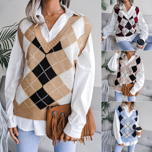 Autumn Winter College Rhombus V-neck Casual Loose Knit Vest Sweater Women Clothing - Iyanka