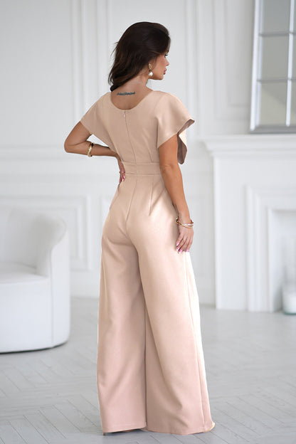 Women Summer Elegance Office V neck Tight Waist Solid Color One Piece Trousers - Iyanka