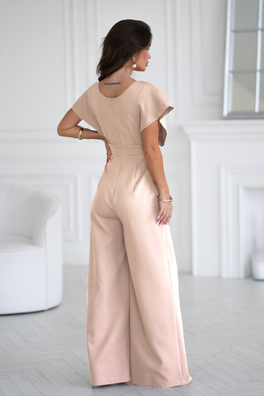 Women Summer Elegance Office V neck Tight Waist Solid Color One Piece Trousers - Iyanka