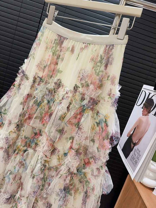 Heavy Industry Stitching Printing Net Yarn Cake Skirt Skirt Women Floral Puffy Long Skirt