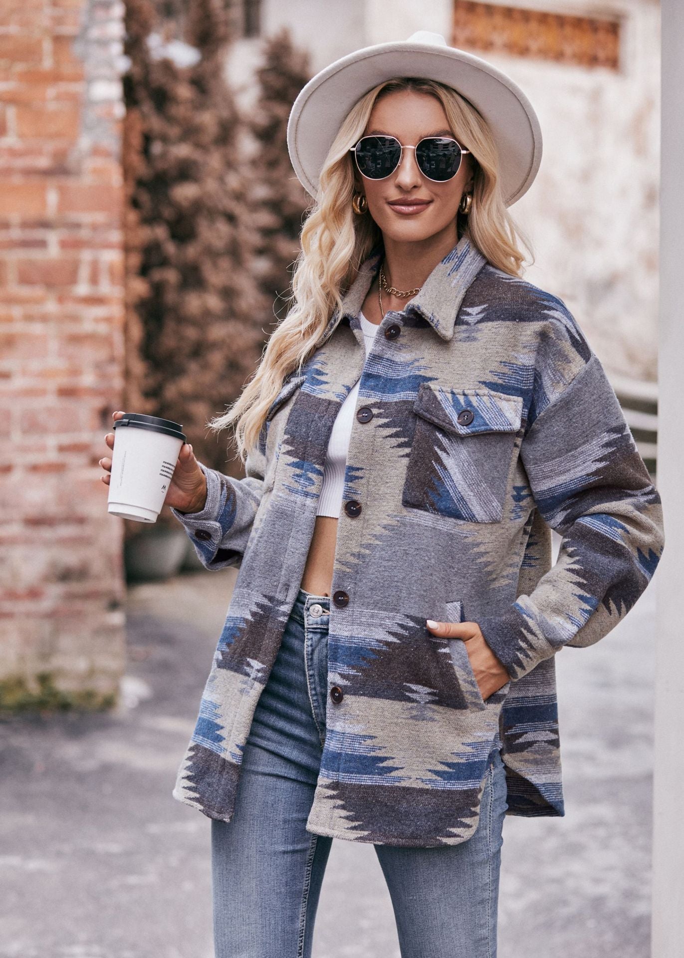 Women Autumn Winter Aztec Geometric Abstract Jacket Shirt Collared Woolen Coat - Iyanka
