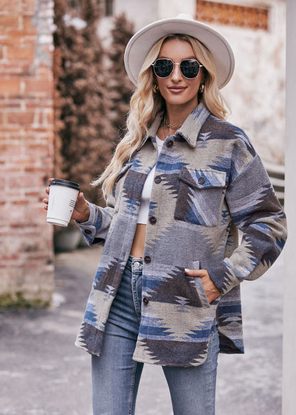 Women Autumn Winter Aztec Geometric Abstract Jacket Shirt Collared Woolen Coat - Iyanka