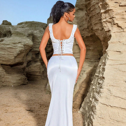 Summer Lace Maxi Dress Sleeveless Back Tied Top Exquisite Elegant Slim Small Trailing Skirt Set - Iyanka