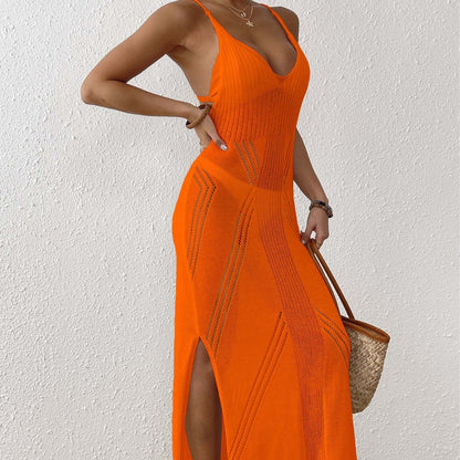 Women Vacation Beach Dress Long Dress Women Clothing Strap Strap Split Dress Slim Fit Suspender Dress - Iyanka