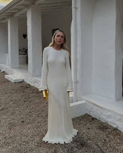 Women Clothing at Pleated Wavy Side Backless Lace up Long Sleeve Dress
