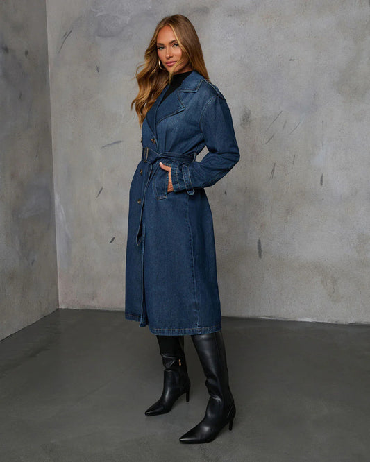 Autumn Casual Retro Denim Women Wide Windbreaker Coat With Belt - Iyanka