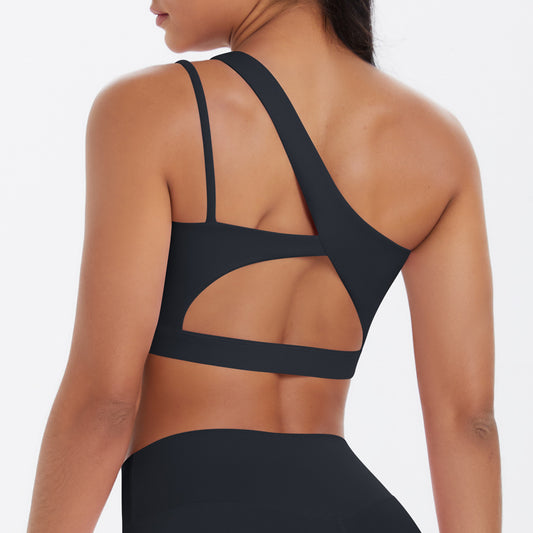 Solid Color One Shoulder Beauty Back Yoga Bra Nude Feel Push up Sports Bra Irregular Asymmetric Shoulder Strap Sports Vest for Women - Iyanka