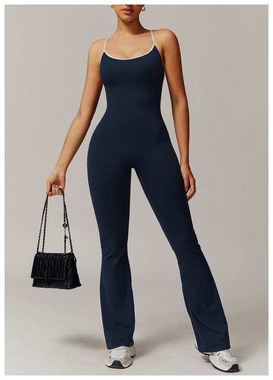 Nude Feel Cross Beauty Back Yoga Jumpsuit Pleated Slightly Pull Running Sports Fitness Horn Jumpsuit - Iyanka