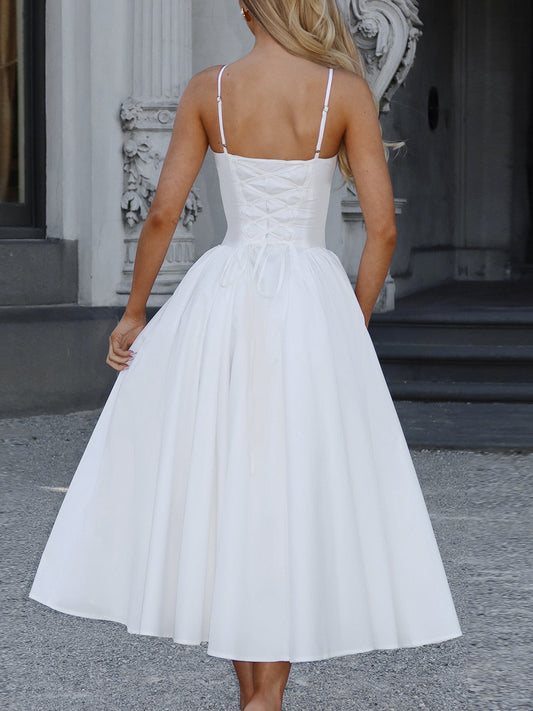 Summer Clothes Women Sexy V neck Strap Dress Long Women Clothing Fitted Waist Backless White Dress - Iyanka