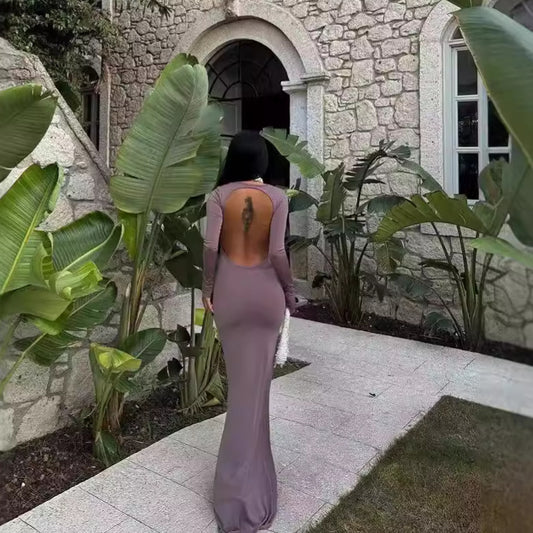 Round Neck Slim Fit Long Sleeved Sexy Backless Sheath Dress Women Clothing