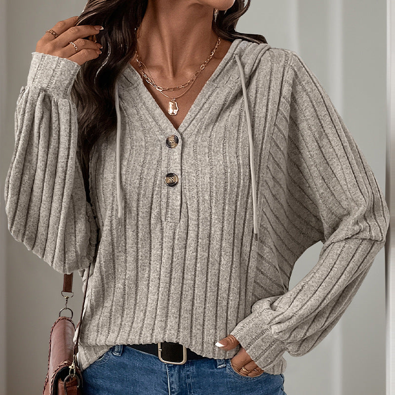 Inner Wear Home Casual Laid Sunken Stripe Hooded Solid Color Sweater Top - Iyanka