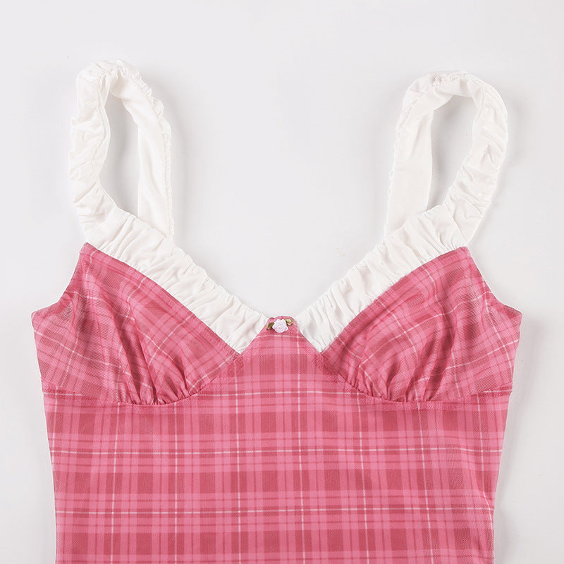 Vacation Casual Plaid Contrast Color Chest Shape Pleated V neck Suspender Shorts Sexy Two Piece Sets - Iyanka