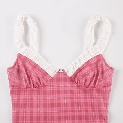 Vacation Casual Plaid Contrast Color Chest Shape Pleated V neck Suspender Shorts Sexy Two Piece Sets - Iyanka