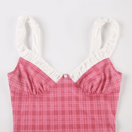 Vacation Casual Plaid Contrast Color Chest Shape Pleated V neck Suspender Shorts Sexy Two Piece Sets - Iyanka
