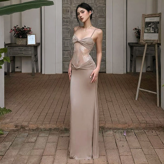 Women Clothing Sleeveless Backless Pleated Twist Slim Lace Stitching Maxi Dress