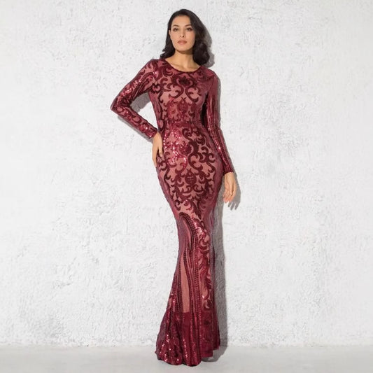 Middle East Long Sleeve Sequin Dress Long Slim Fit Hip Wrapped Cocktail Dress - Iyanka