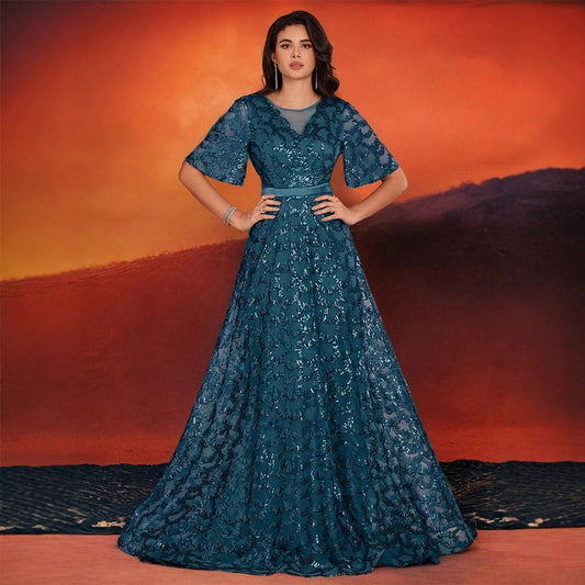 Sequin A line Elegant Square Collar Short Sleeve Party Dress Boning Corset Waist-Tight Dinner Ball Gown - Iyanka
