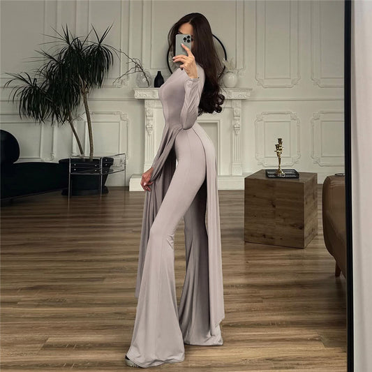 Women Clothing Casual Solid Color Crew Neck Split Long Sleeve Slim Fit Bootcut Pants Two Piece Sets - Iyanka