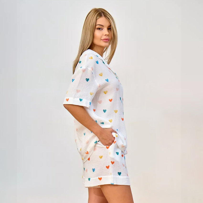 Summer Layer Crepe Heart Printing Pajamas Two Piece Cardigan Half Sleeve Shorts Women Homewear - Iyanka