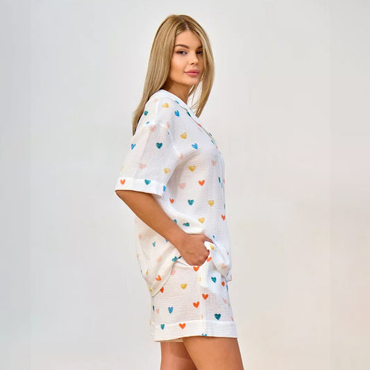 Summer Layer Crepe Heart Printing Pajamas Two Piece Cardigan Half Sleeve Shorts Women Homewear - Iyanka