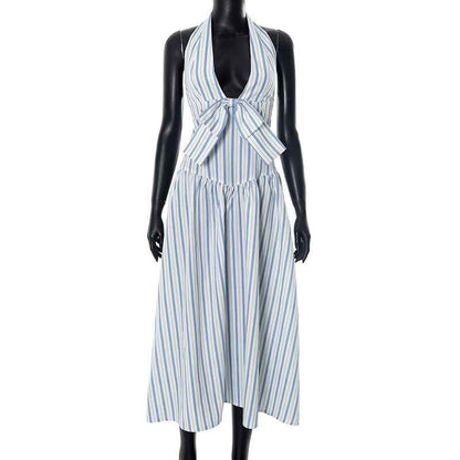 Summer Striped Backless Dress for Women with French Bow Halter Design