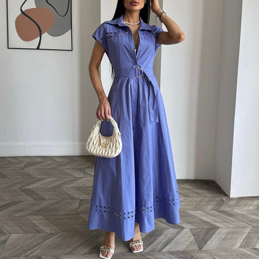 Solid Color Dress Summer Polo Collar Hollow Out Cutout out Belt Waist Trimming Short Sleeved Large Swing Dress Women