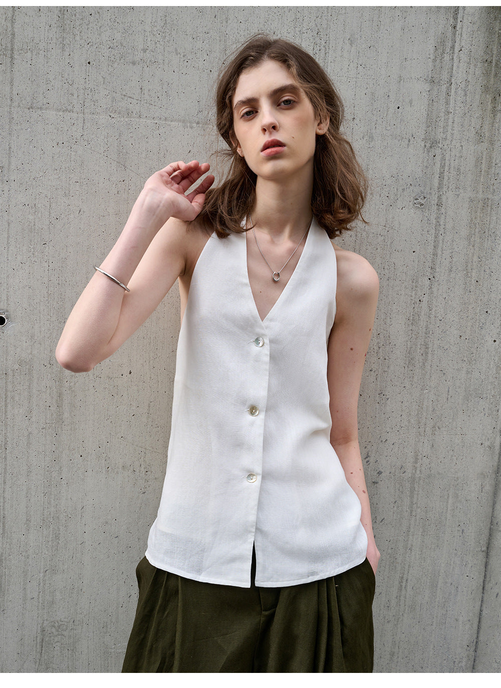 Elegance Retro V neck Halter Sling Women Tencel Linen Bare Back Lace up Sleeveless Top Linen Sexy Vest Summer - Iyanka