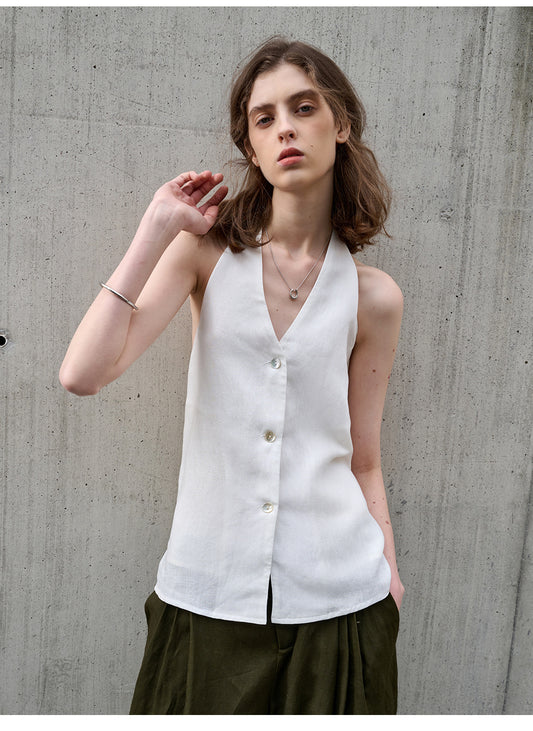 Elegance Retro V neck Halter Sling Women Tencel Linen Bare Back Lace up Sleeveless Top Linen Sexy Vest Summer - Iyanka