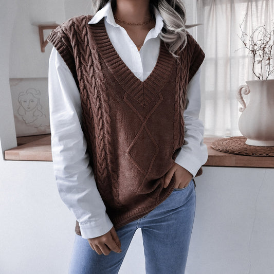 Autumn Winter V neck Twist Casual Loose Knitted Vest Sweater Waistcoat Women Clothing - Iyanka