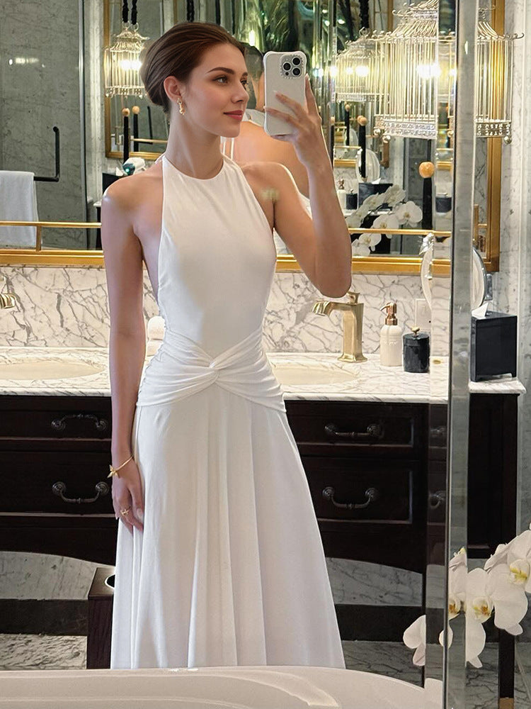Women Clothing Solid Color Sleeveless Halter Backless Pleated A line Maxi Dress