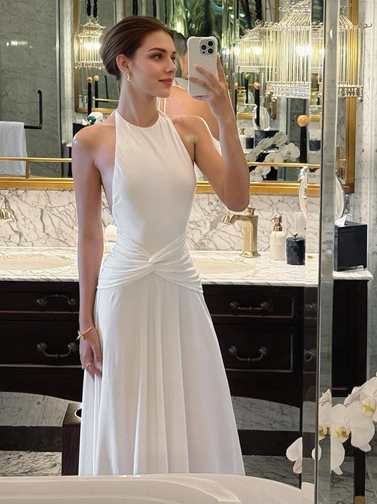 Women Clothing Solid Color Sleeveless Halter Backless Pleated A line Maxi Dress