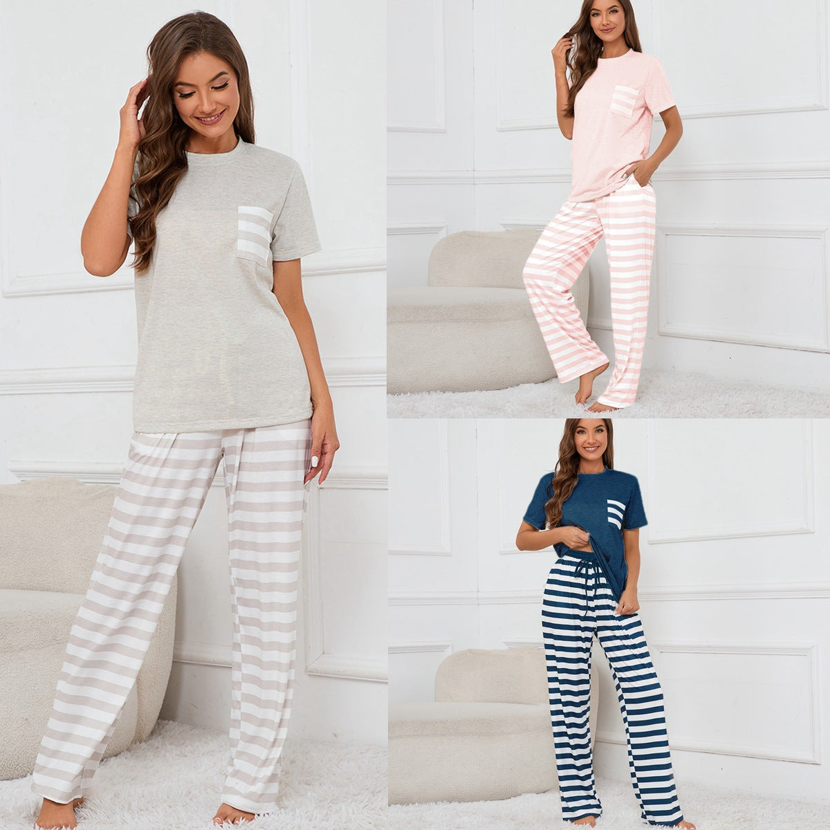 Real Shot round Neck Short Sleeve Top Striped Printed Lace Trousers Home Wear Pajamas Suit for Women - Iyanka