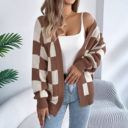 Autumn Winter Contrast Color Plaid Lantern Sleeve Cardigan Sweater Mid Length Coat Women Clothing - Iyanka