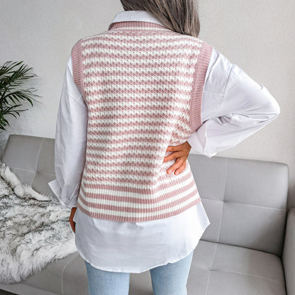 Stripe College Knitted Vest Sweater Women Clothing - Iyanka