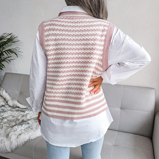 Stripe College Knitted Vest Sweater Women Clothing - Iyanka