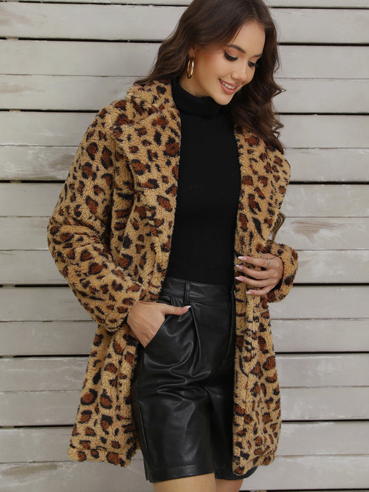 Autumn Winter Retro Easy Matching Warm Plush Long Sleeved Jacket Super Leopard Print Loose Casual Jacket Women - Iyanka