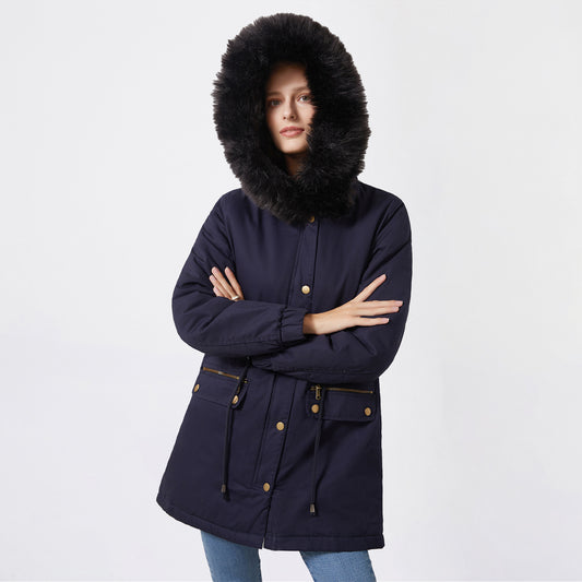 Autumn Winter Parka Women Fleece Lined Coat Women with Fur Collar Hooded Warm Jacket Loose Cotton Coat Plus Size - Iyanka